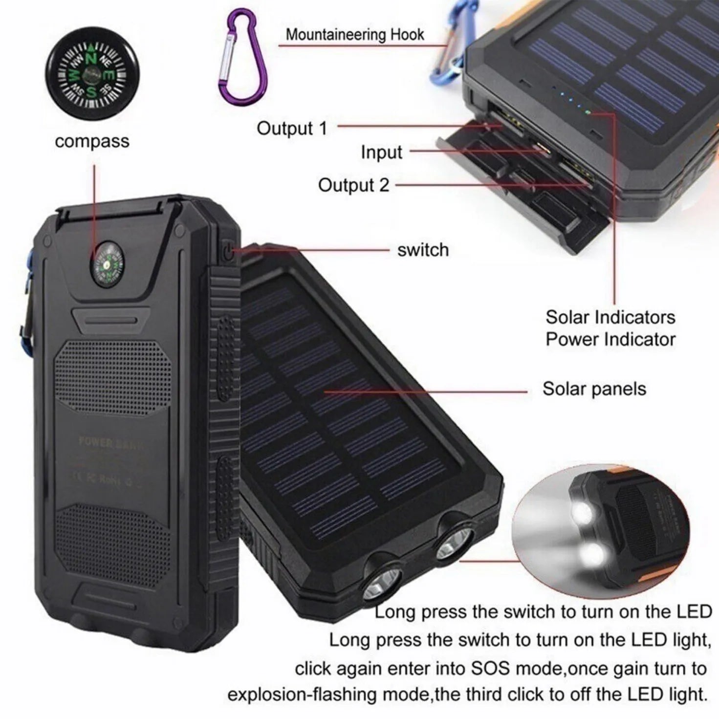 10000000mAh Solar Power Bank Waterproof 2USB LED Battery Charger For Cell Phone