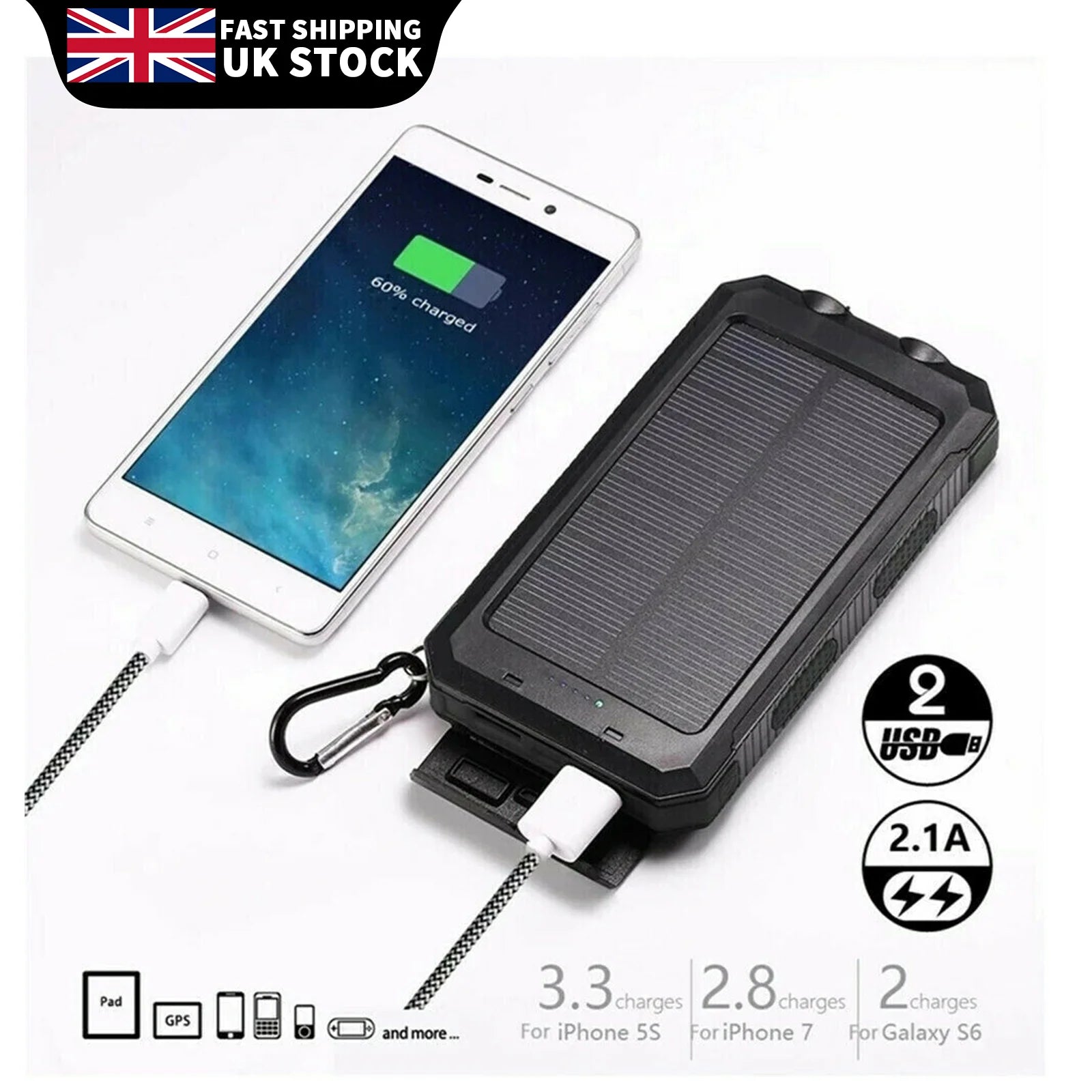 10000000mAh Solar Power Bank Waterproof 2USB LED Battery Charger For Cell Phone