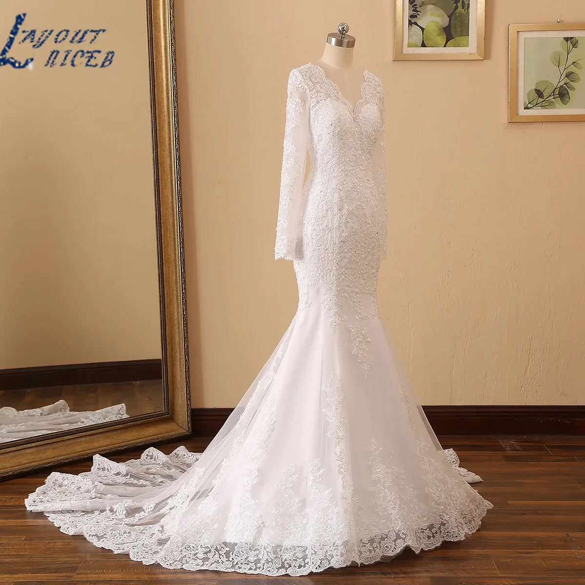 Aster Garden V Neck Long Sleeves Mermaid Wedding Dresses Beading Lace Wedding Gown Custom Made Vestido De Noiva 100% Real Pics