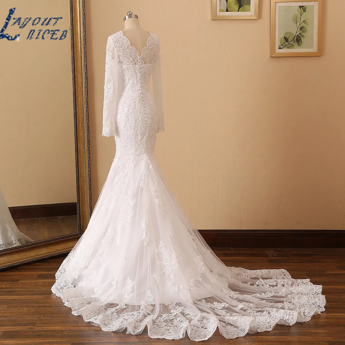 Aster Garden V Neck Long Sleeves Mermaid Wedding Dresses Beading Lace Wedding Gown Custom Made Vestido De Noiva 100% Real Pics