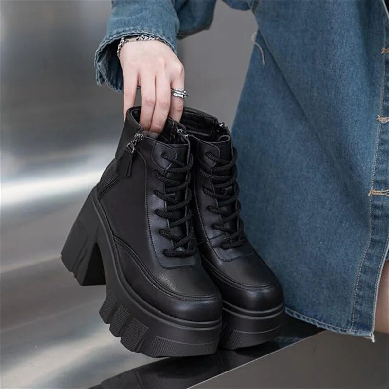 11cm New Women Luxury Microfiber Platform Wedge Pumps Comfort Ankle Booties Genuine Leather Spring Autumn Ankle Boots Shoes