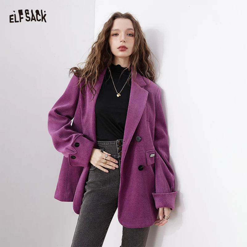 ELFSACK Purple Corduroy Blazer Women Oversized Double Breasted Jacket Autumn Winter Streetwear Casual Office Wear Fashion Top