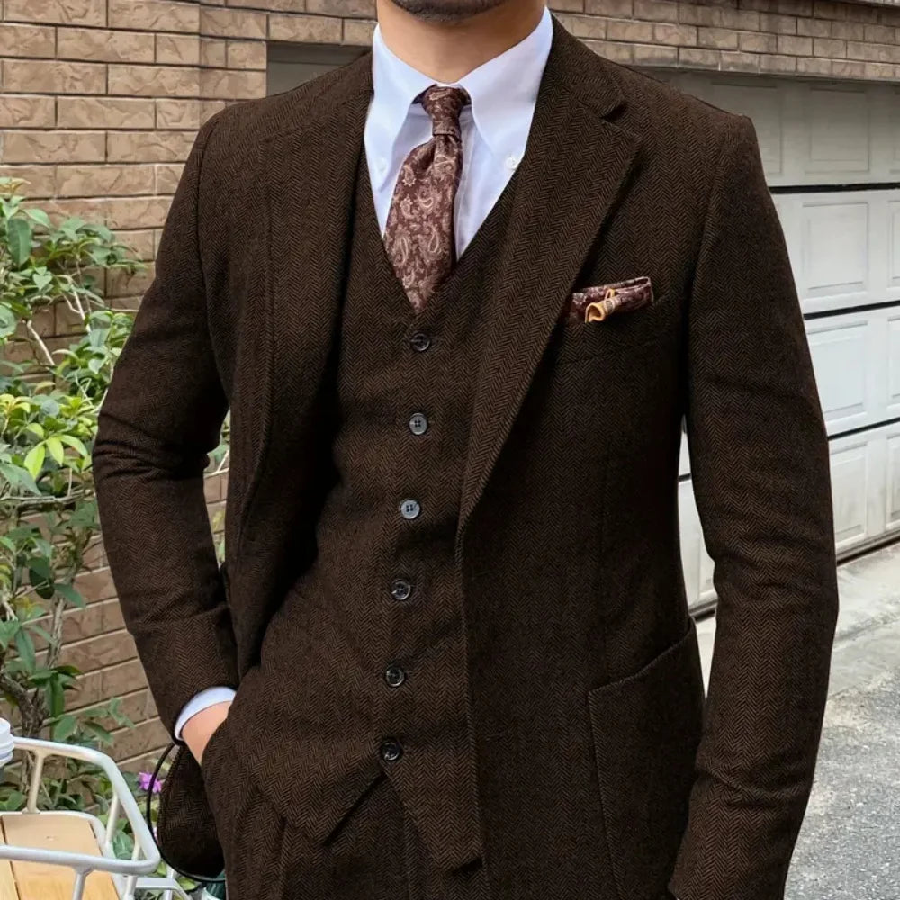 Elegante 3-Piece Men's Tweed Ternos for Winter Wedding Formal Banquet Spineless Fish Banquet Elegant Men's Suit