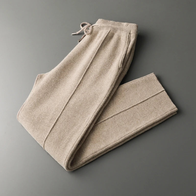 100% Merino Wool Sweater Men's Suit Collar Cardigan Pants Set Smart Casual Knitwear Autumn Winter Solid Coat Top Knit Trousers