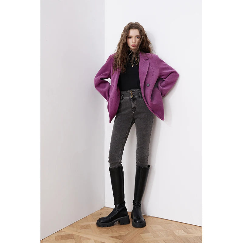 ELFSACK Purple Corduroy Blazer Women Oversized Double Breasted Jacket Autumn Winter Streetwear Casual Office Wear Fashion Top