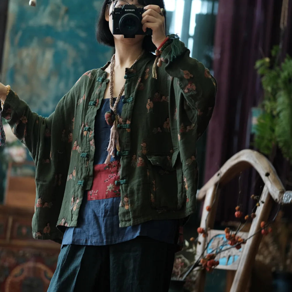 100% Cotton Casual Shirt Women New 2024 Autumn Chinese Style Vintage Cartoon Loose Female Batwing Sleeve Tops Shirts M126