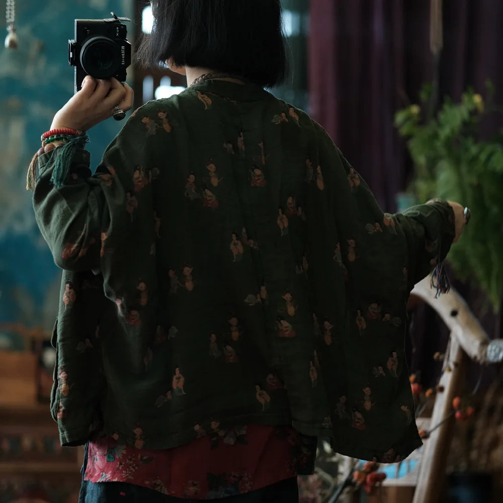 100% Cotton Casual Shirt Women New 2024 Autumn Chinese Style Vintage Cartoon Loose Female Batwing Sleeve Tops Shirts M126