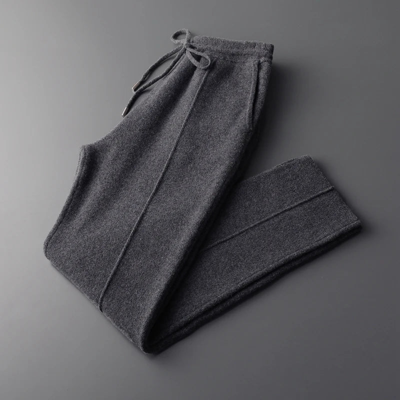 100% Merino Wool Sweater Men's Suit Collar Cardigan Pants Set Smart Casual Knitwear Autumn Winter Solid Coat Top Knit Trousers