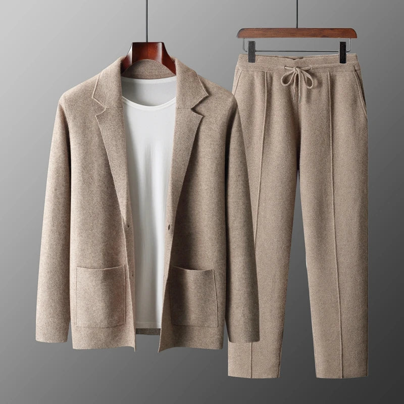 100% Merino Wool Sweater Men's Suit Collar Cardigan Pants Set Smart Casual Knitwear Autumn Winter Solid Coat Top Knit Trousers