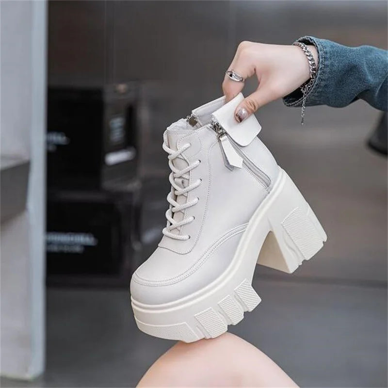 11cm New Women Luxury Microfiber Platform Wedge Pumps Comfort Ankle Booties Genuine Leather Spring Autumn Ankle Boots Shoes
