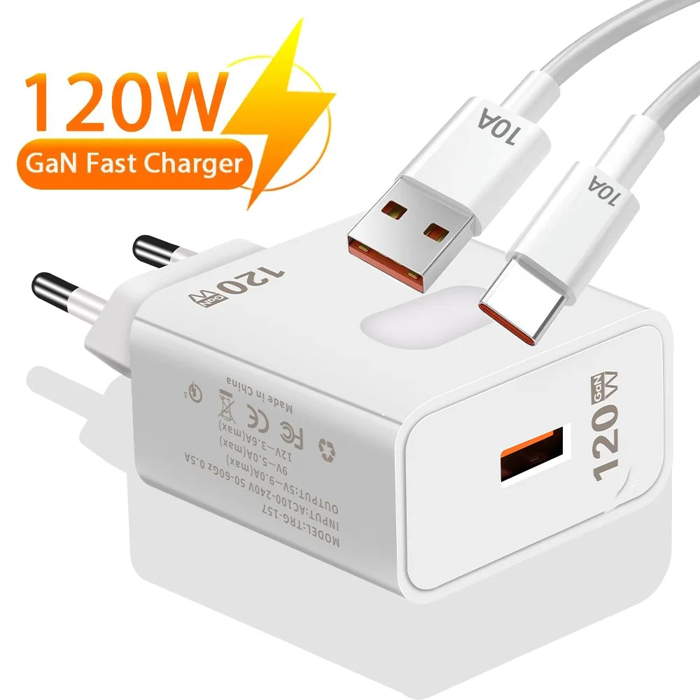 120-W-GaN-USB-Ladegerät mit Schnellladefunktion (Quick Charge 3.0, Typ-C-Kabel) für Mobiltelefone (iPhone, Huawei, Samsung, Xiaomi)