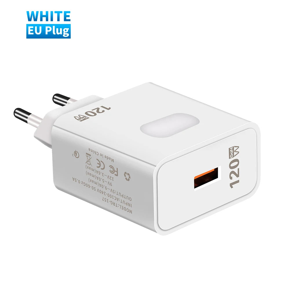 120-W-GaN-USB-Ladegerät mit Schnellladefunktion (Quick Charge 3.0, Typ-C-Kabel) für Mobiltelefone (iPhone, Huawei, Samsung, Xiaomi)