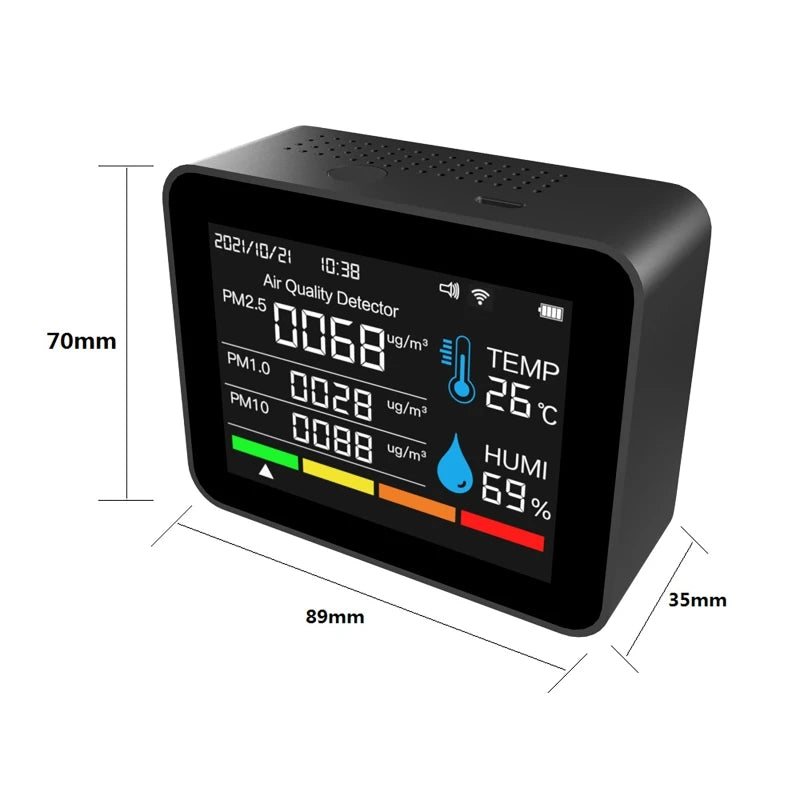 12-in-1 WLAN-Luftqualitätsmonitor zur Messung von Feinstaub (PM2,5, PM1,0, PM10), Thermometer, Temperatur, Luftfeuchtigkeit und CO₂-Emissionen.