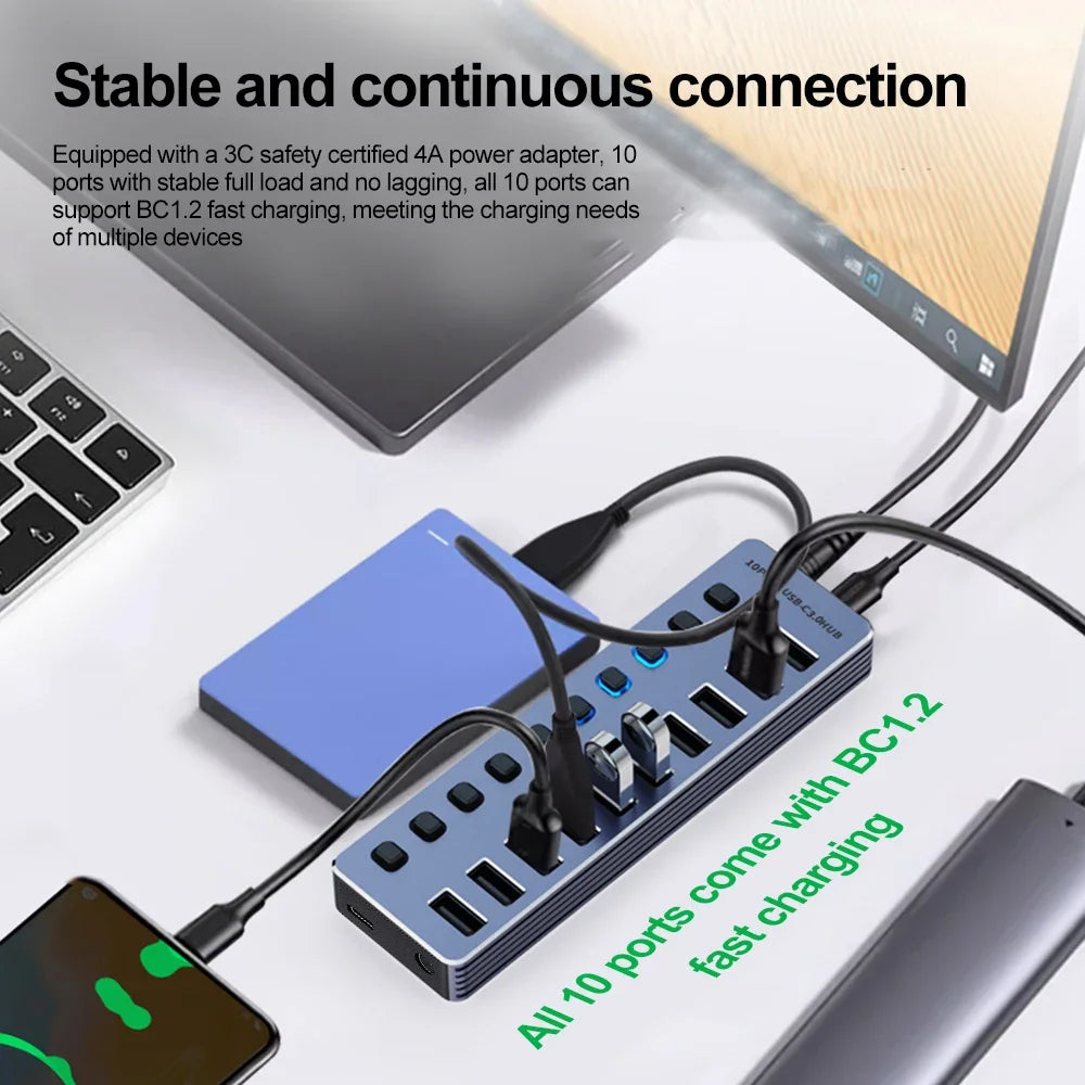 10-in-1 All USB 3.0 HUB with Independent Switch USB Docking Station TYPE C Splitter USB 3.0 5Gbps High Speed HUB for PC Laptop