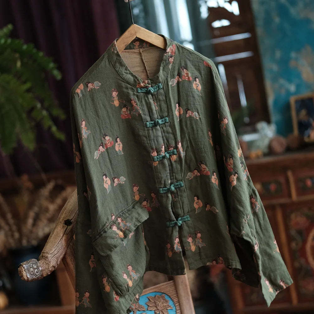100% Cotton Casual Shirt Women New 2024 Autumn Chinese Style Vintage Cartoon Loose Female Batwing Sleeve Tops Shirts M126