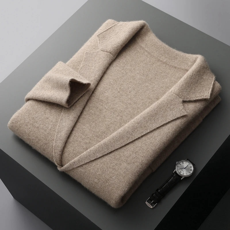 100% Merino Wool Sweater Men's Suit Collar Cardigan Pants Set Smart Casual Knitwear Autumn Winter Solid Coat Top Knit Trousers