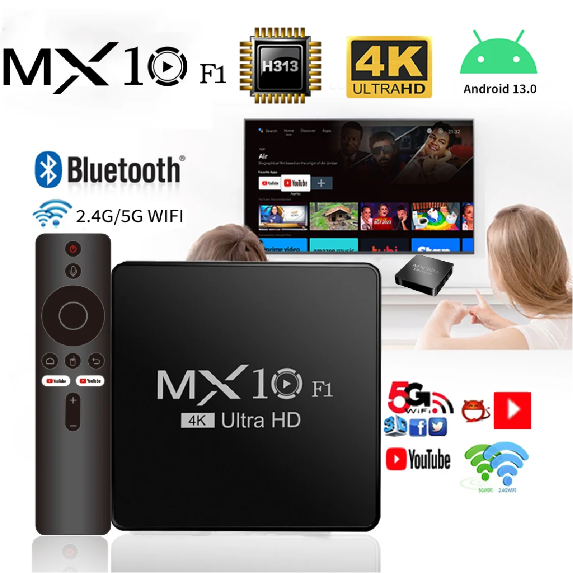 Smart TV Box MX10 F1 Allwinner H313 Mali-G31 Wi-Fi 2.4G + BT5 2.4G Android TV Box with 2GB RAM 16GB eMMC flash
