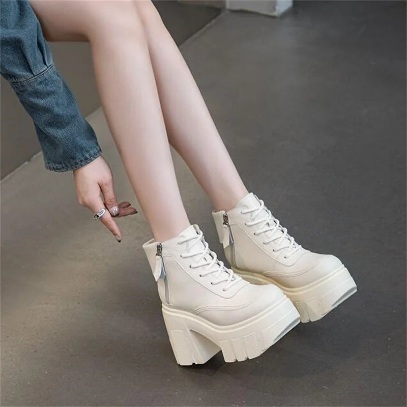 11cm New Women Luxury Microfiber Platform Wedge Pumps Comfort Ankle Booties Genuine Leather Spring Autumn Ankle Boots Shoes