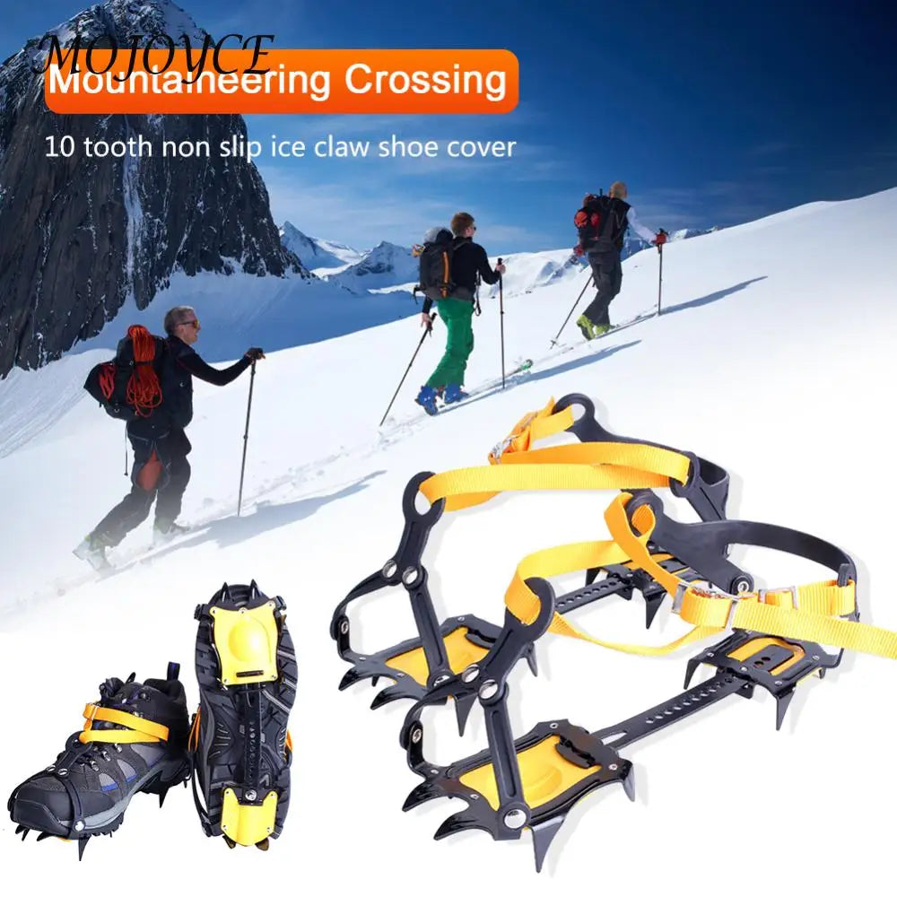 1 Pair Ice Crampons Stainless Steel 10 Teeth Bundled Crampons Adjustable with Carry Bag for Hiking Climbing Fishing Jogging