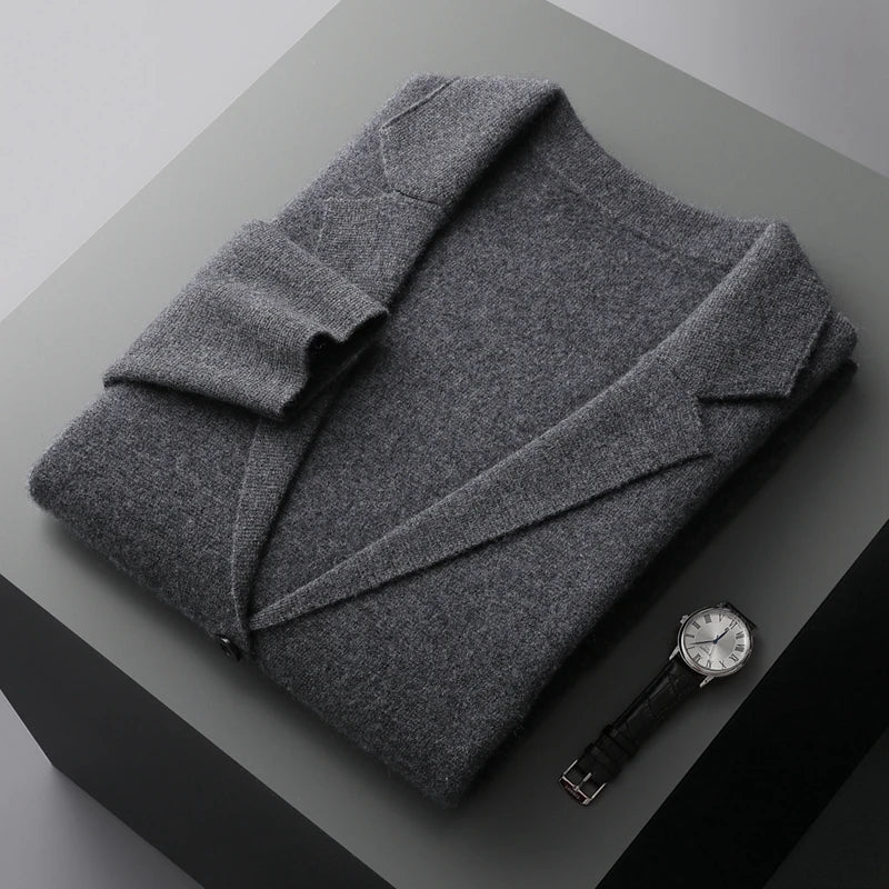 100% Merino Wool Sweater Men's Suit Collar Cardigan Pants Set Smart Casual Knitwear Autumn Winter Solid Coat Top Knit Trousers