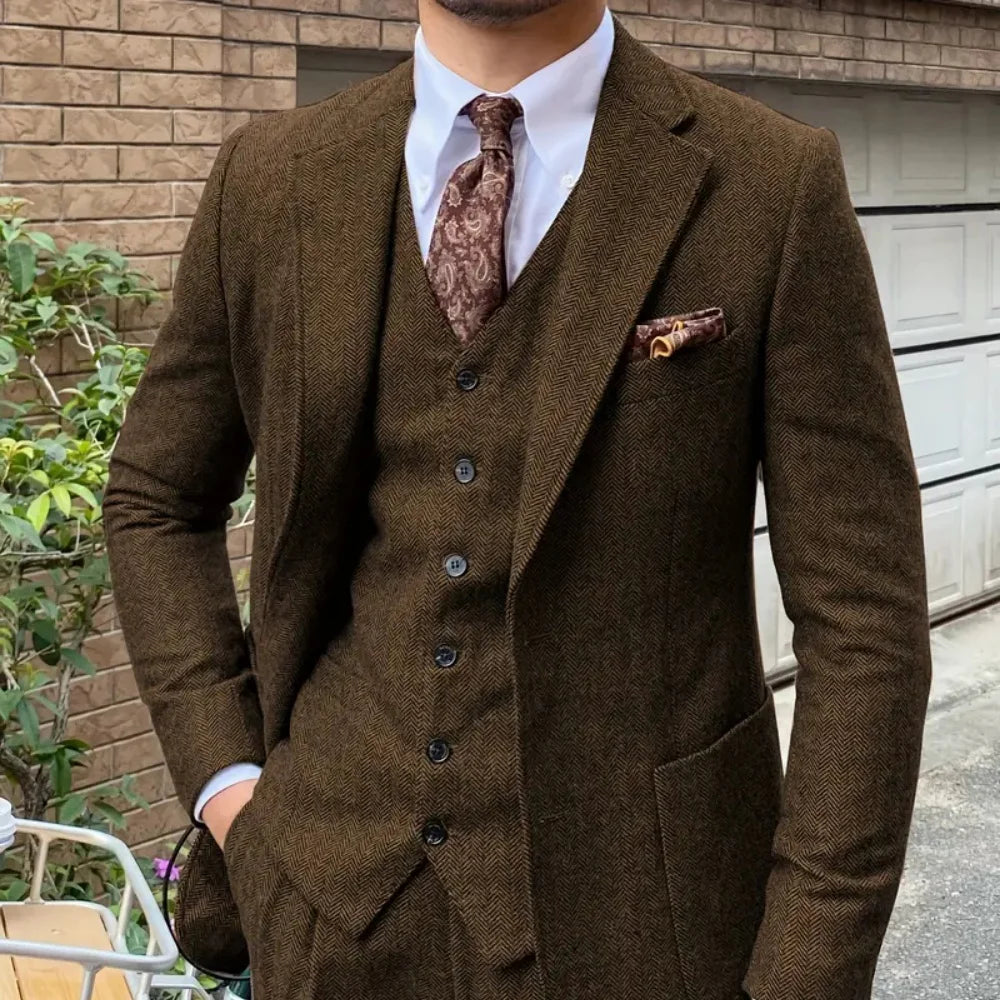 Elegante 3-Piece Men's Tweed Ternos for Winter Wedding Formal Banquet Spineless Fish Banquet Elegant Men's Suit