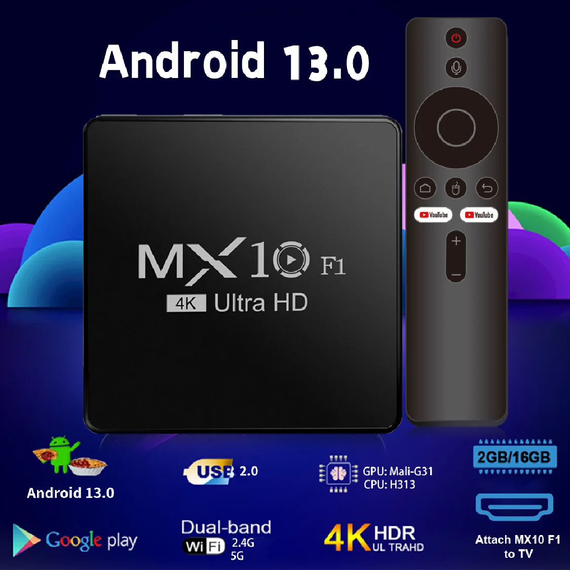 Smart TV Box MX10 F1 Allwinner H313 Mali-G31 Wi-Fi 2.4G + BT5 2.4G Android TV Box with 2GB RAM 16GB eMMC flash