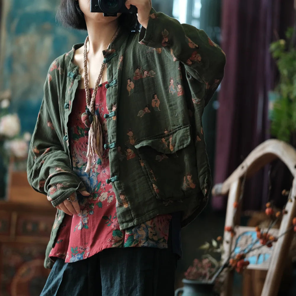 100% Cotton Casual Shirt Women New 2024 Autumn Chinese Style Vintage Cartoon Loose Female Batwing Sleeve Tops Shirts M126