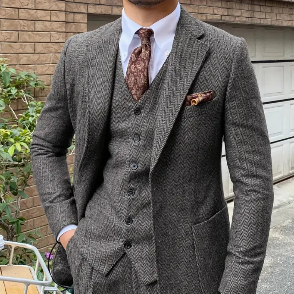 Elegante 3-Piece Men's Tweed Ternos for Winter Wedding Formal Banquet Spineless Fish Banquet Elegant Men's Suit