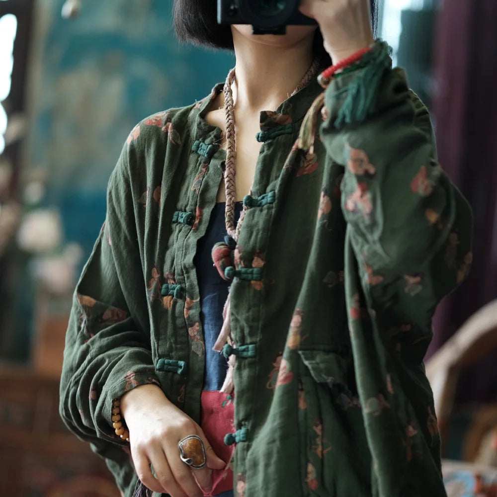 100% Cotton Casual Shirt Women New 2024 Autumn Chinese Style Vintage Cartoon Loose Female Batwing Sleeve Tops Shirts M126