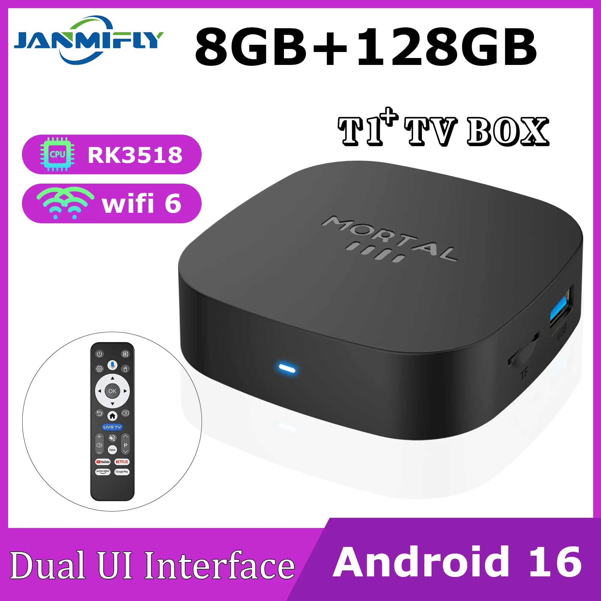 2026 New Smart TV Box T1+ RK3518 Android 16 WiFi 6 BT 5.4 Dual UI Interface 8K Ultra HD  8GB RAM 128GB ROM Smart Media Player