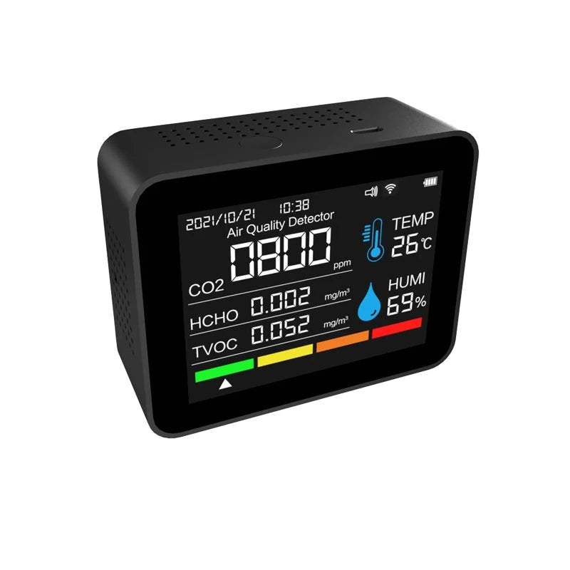 12-in-1 WLAN-Luftqualitätsmonitor zur Messung von Feinstaub (PM2,5, PM1,0, PM10), Thermometer, Temperatur, Luftfeuchtigkeit und CO₂-Emissionen.
