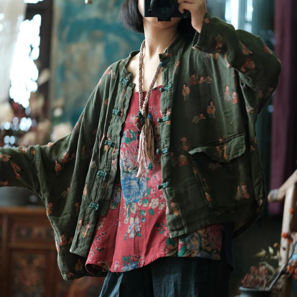 100% Cotton Casual Shirt Women New 2024 Autumn Chinese Style Vintage Cartoon Loose Female Batwing Sleeve Tops Shirts M126